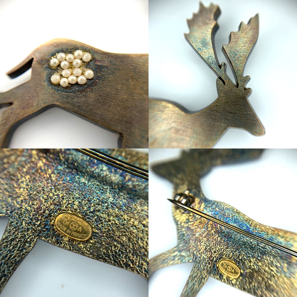 ⭐CHANEL⭐　トナカイ　ブローチ　アニマル　パール取れ　アクセサリー シャネル ブローチ トナカイ 01A パール×アンティーク金具 コサージュ