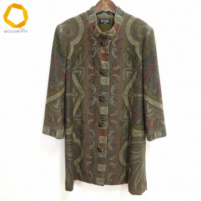 w エトロ ETRO スタンドカラー コート カーキ系 マルチ 総柄