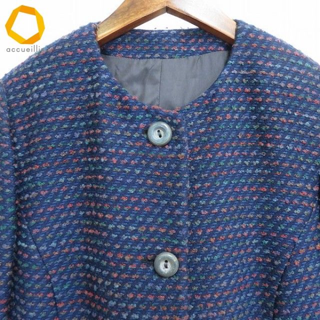 w ミッソーニ MISSONI ノーカラー コート I46 紺 マルチ ハーフ ウール