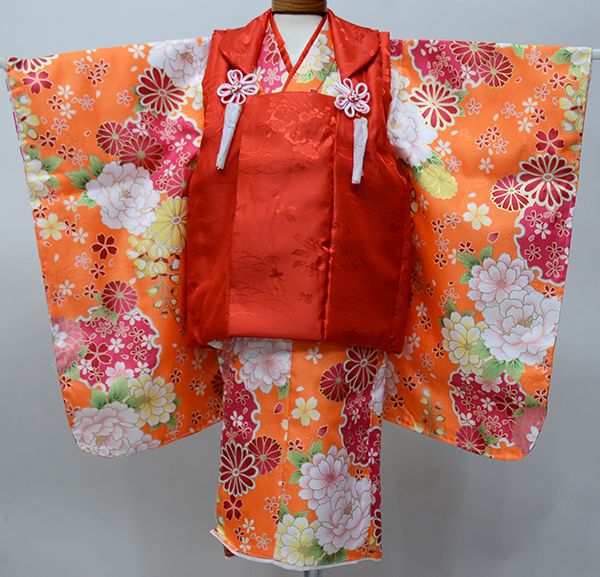 七五三 三歳 女児 被布 着物 フルセット オレンジ×赤色 ポリエステル 3