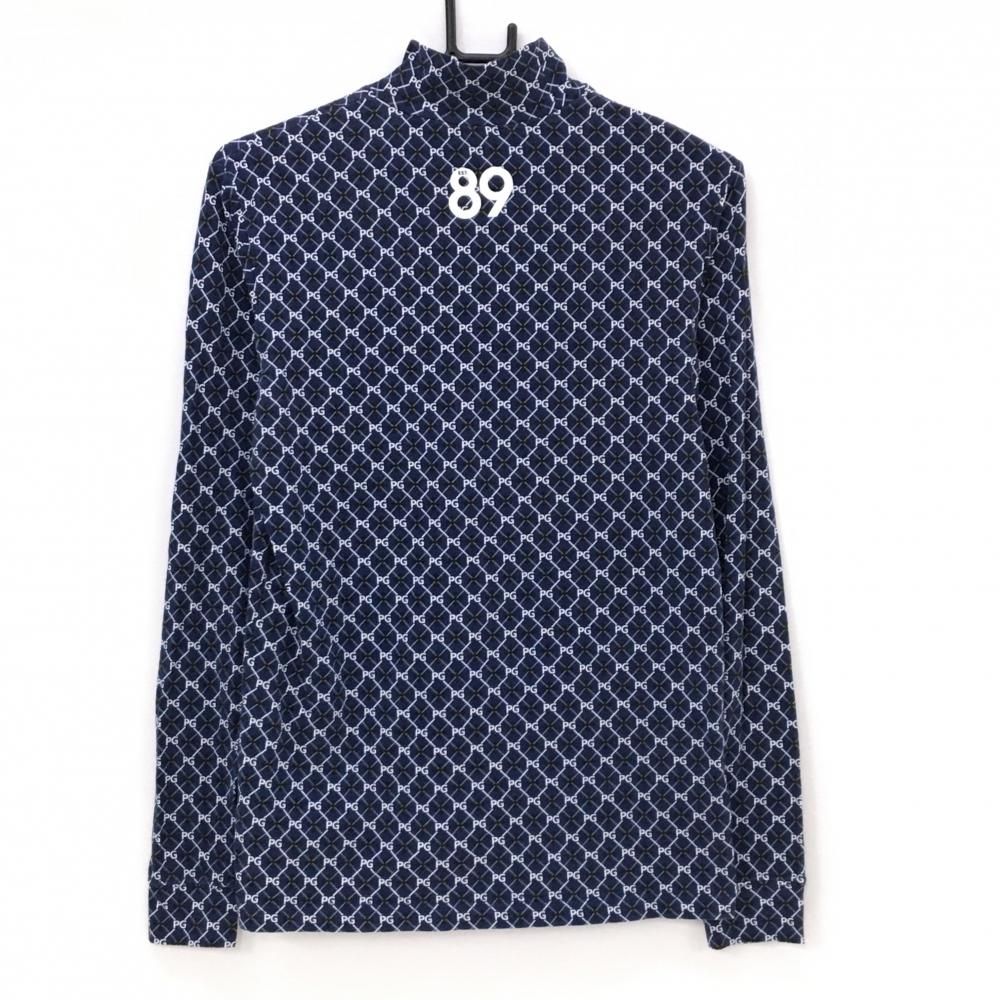 パーリーゲイツ 長袖ハイネックシャツ ネイビー×白 チェック ロゴ総柄