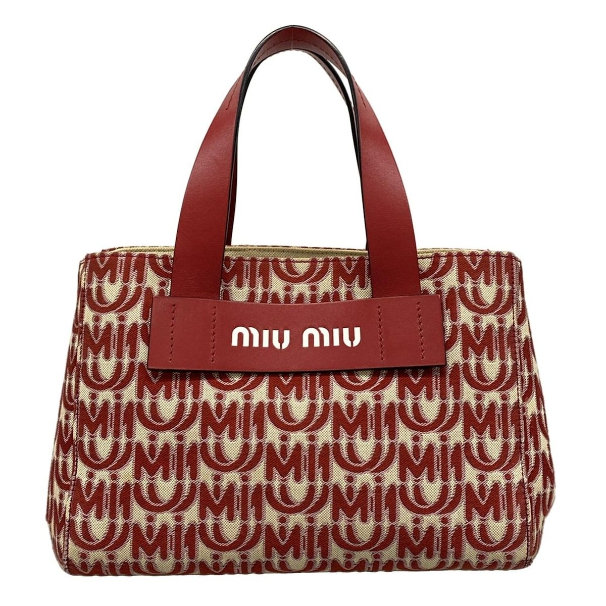 miumiu(ミュウミュウ) トートバッグ - ベージュ×レッド ロゴ レザー