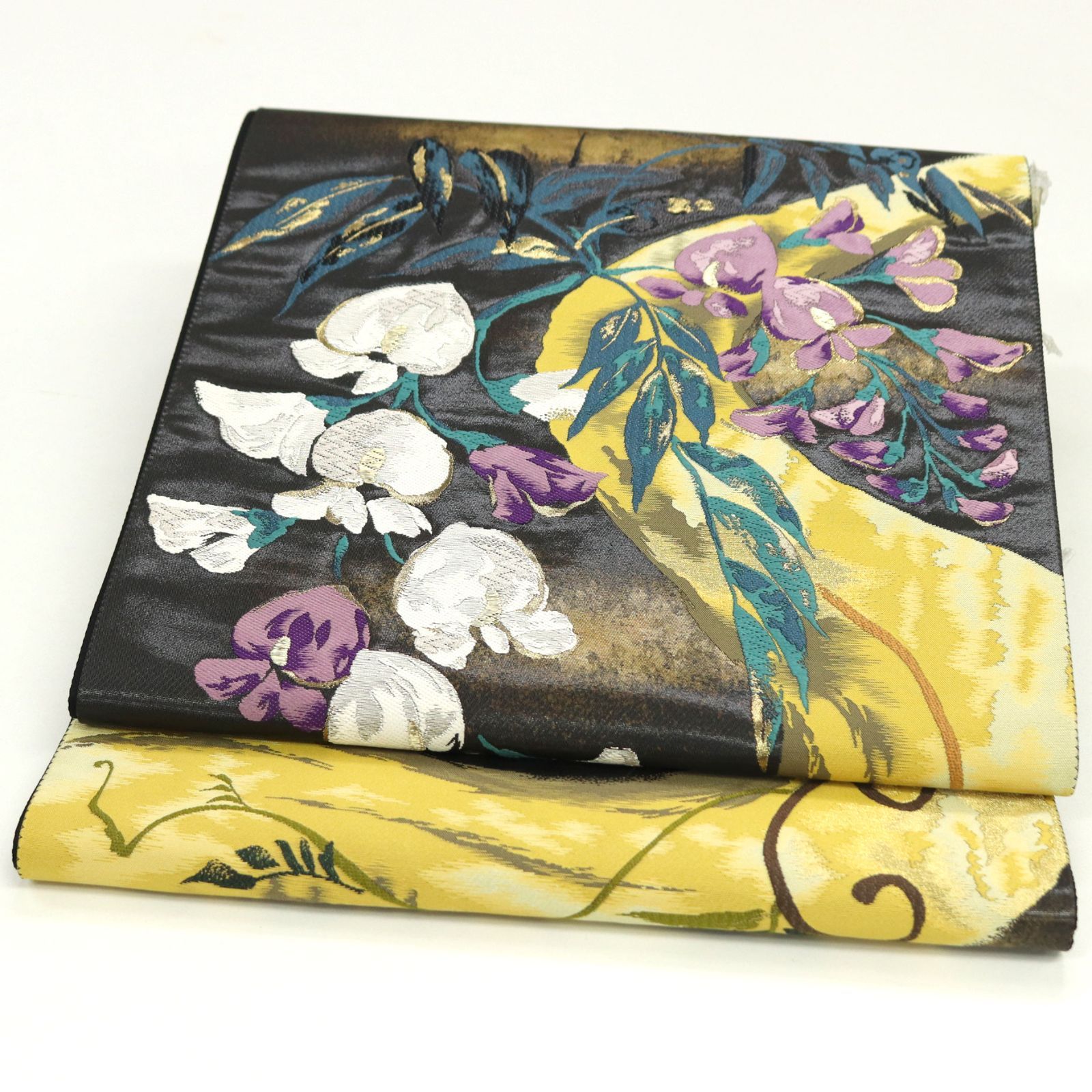 ofa2740 西陣 名門 とみや織物 高級 袋帯 大和花 藤 黒色系 お仕立て