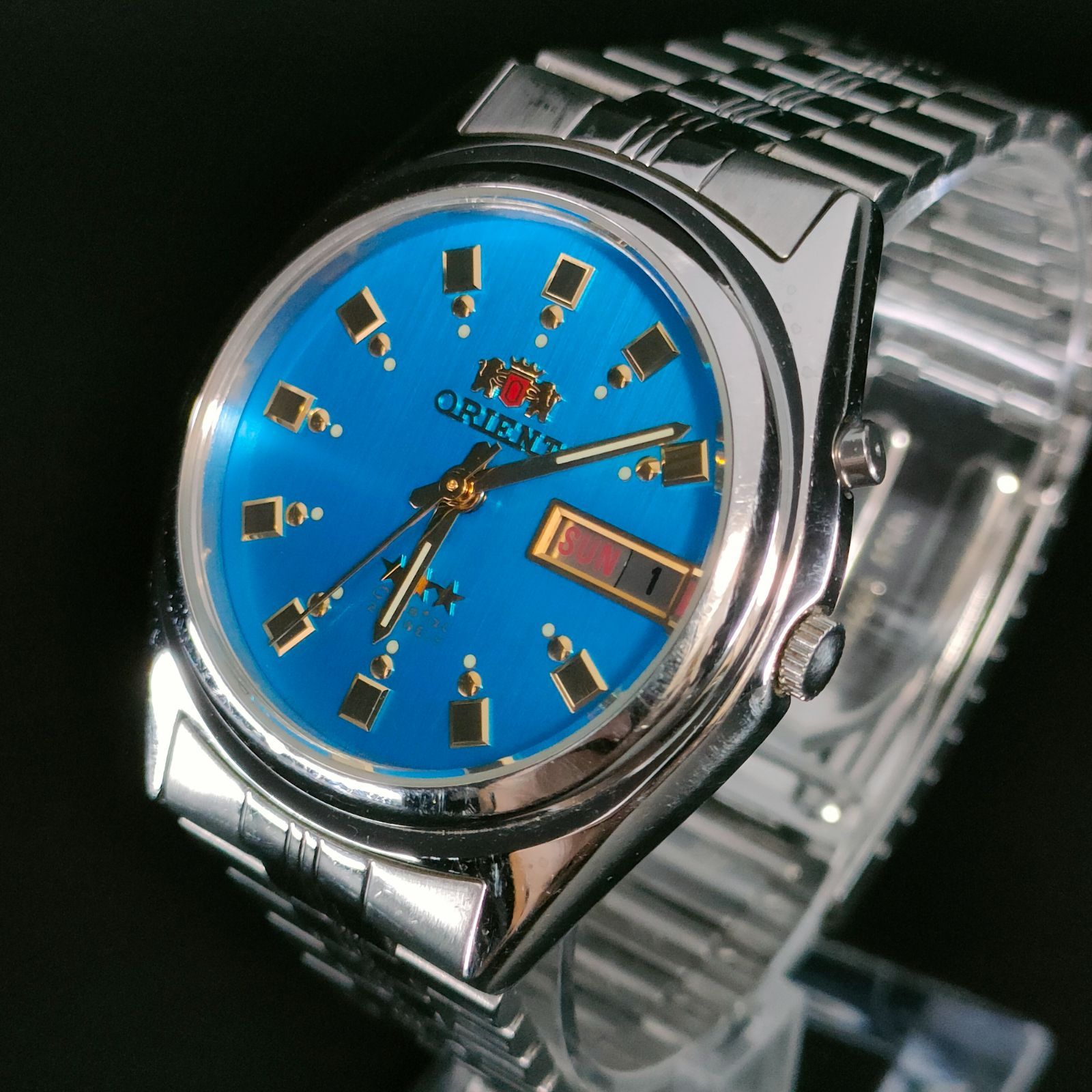 825-3 美品 ORIENT オリエント スリースター ブルー ゴールド シルバー