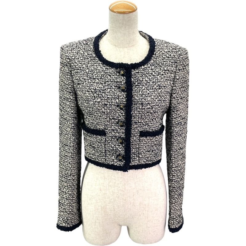 シャネル CHANEL クロップド ノーカラーツイードジャケット ネイビー
