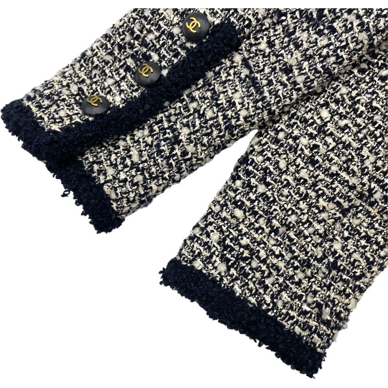 シャネル CHANEL クロップド ノーカラーツイードジャケット ネイビー