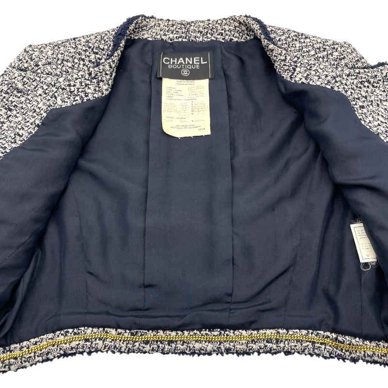 シャネル CHANEL クロップド ノーカラーツイードジャケット ネイビー