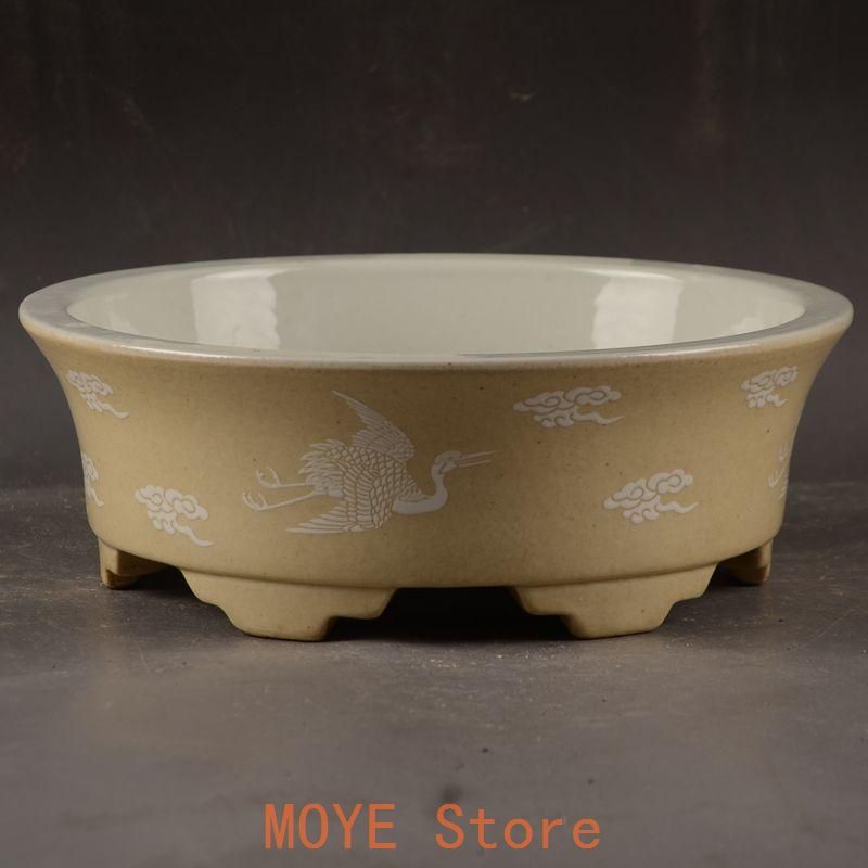 黄地に鶴紋 円形 筆洗い 水仙鉢 工芸品 置物 - メルカリ