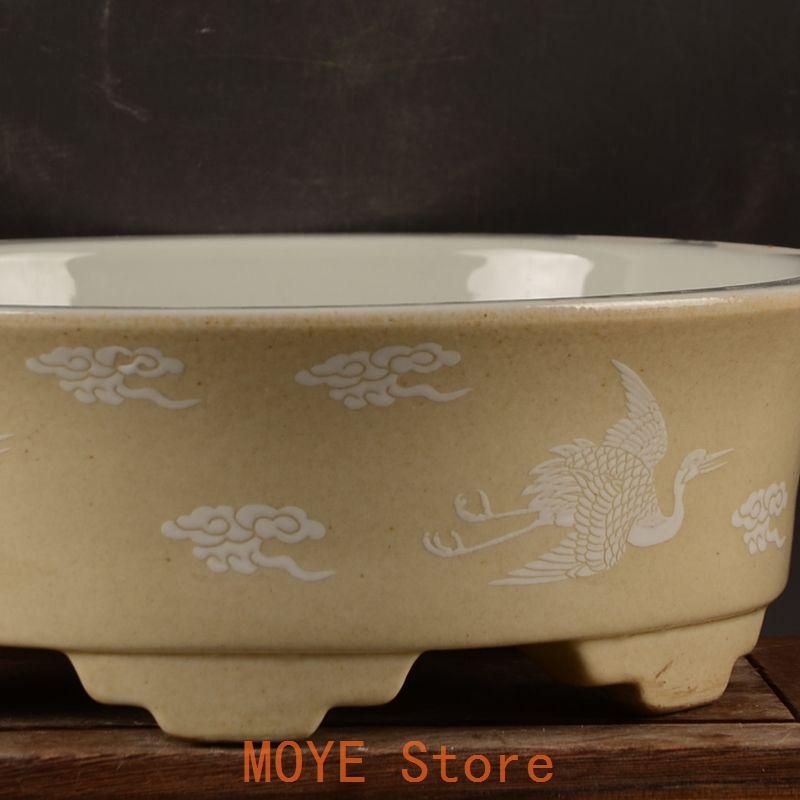 黄地に鶴紋 円形 筆洗い 水仙鉢 工芸品 置物 - メルカリ