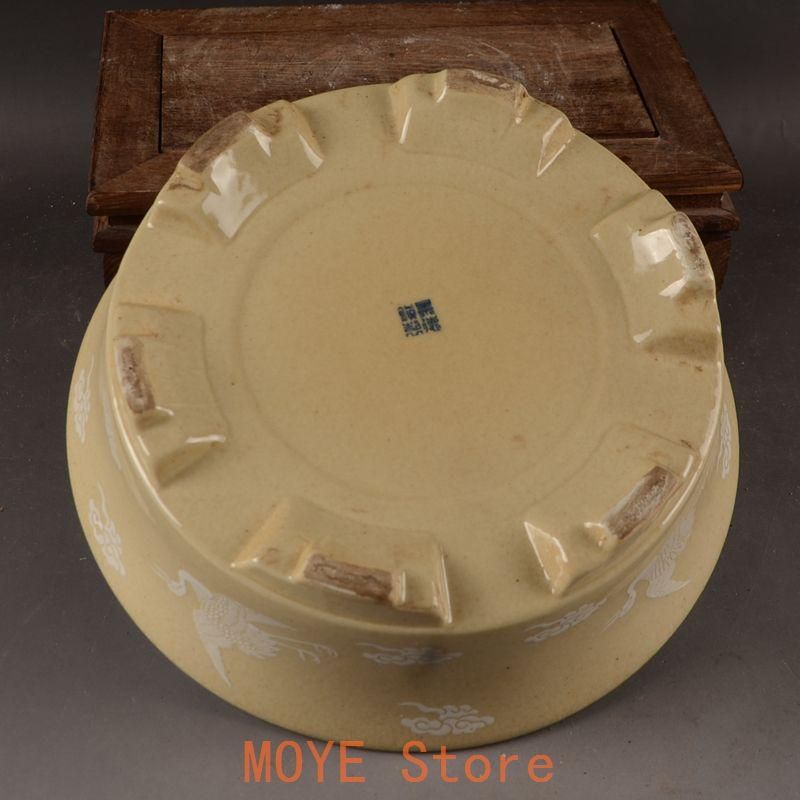 黄地に鶴紋 円形 筆洗い 水仙鉢 工芸品 置物 - メルカリ