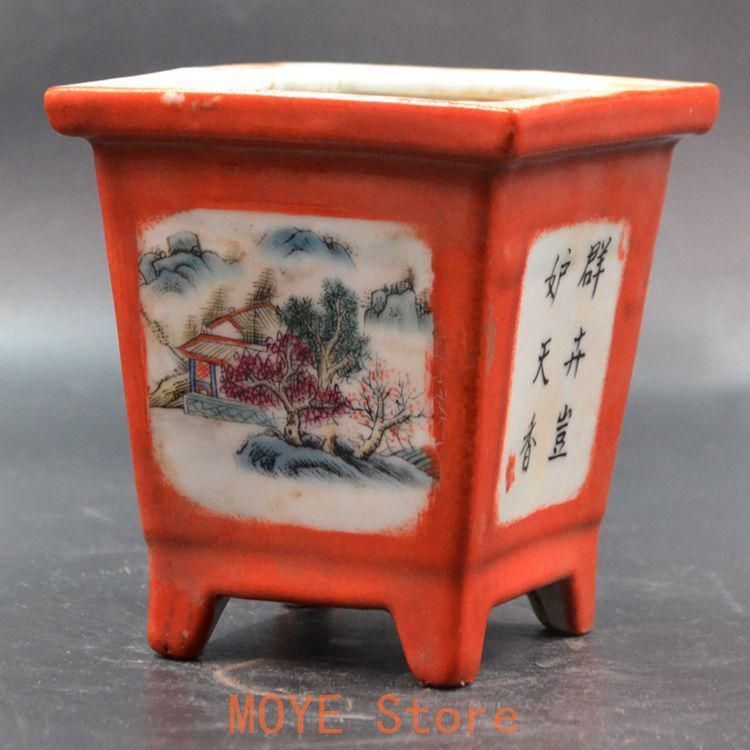 景徳鎮 四方象嵌器 沙紅山水花盆 菖蒲盆栽 多肉植木鉢 小品盆栽鉢 大品