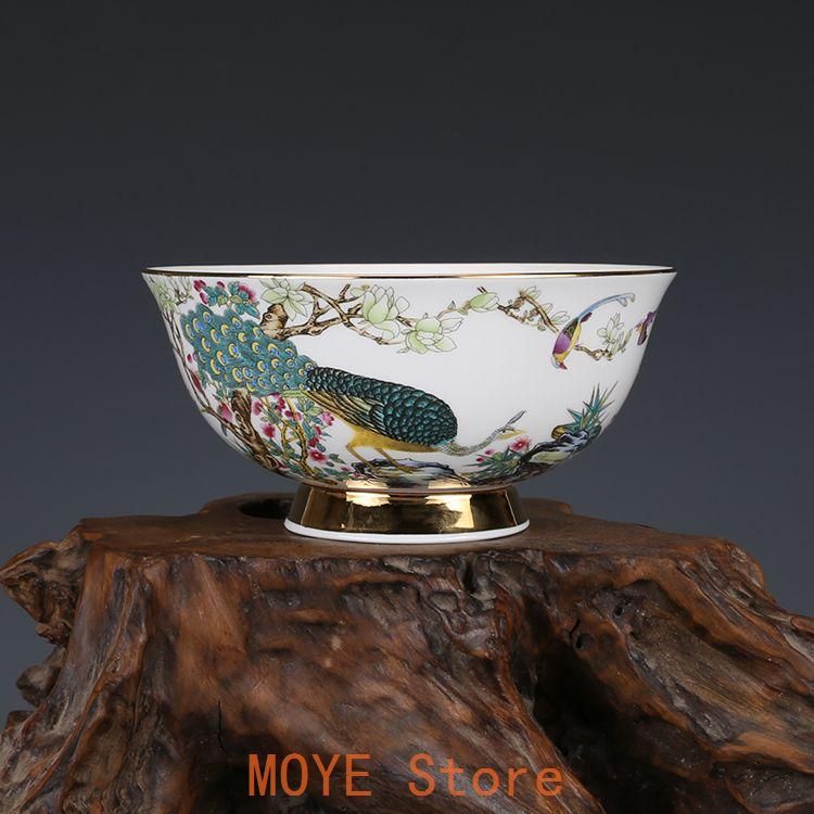 清乾隆蒔金粉彩孔雀紋碗 景徳鎮 陶磁器 装飾品 工芸品 美術品 置物