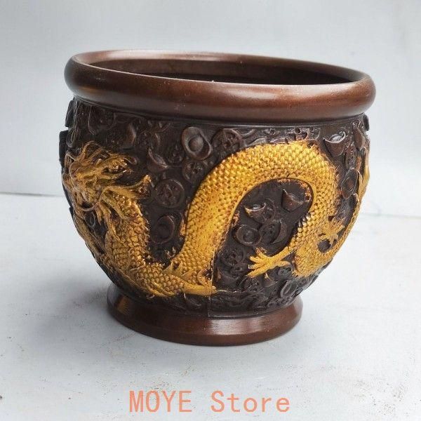 銅 細工 浮彫り竜紋?金招財聚宝壺 茶道具 香道具 装飾品 美術品 置物