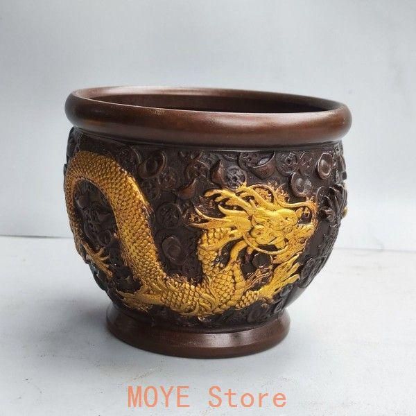 銅 細工 浮彫り竜紋?金招財聚宝壺 茶道具 香道具 装飾品 美術品 置物