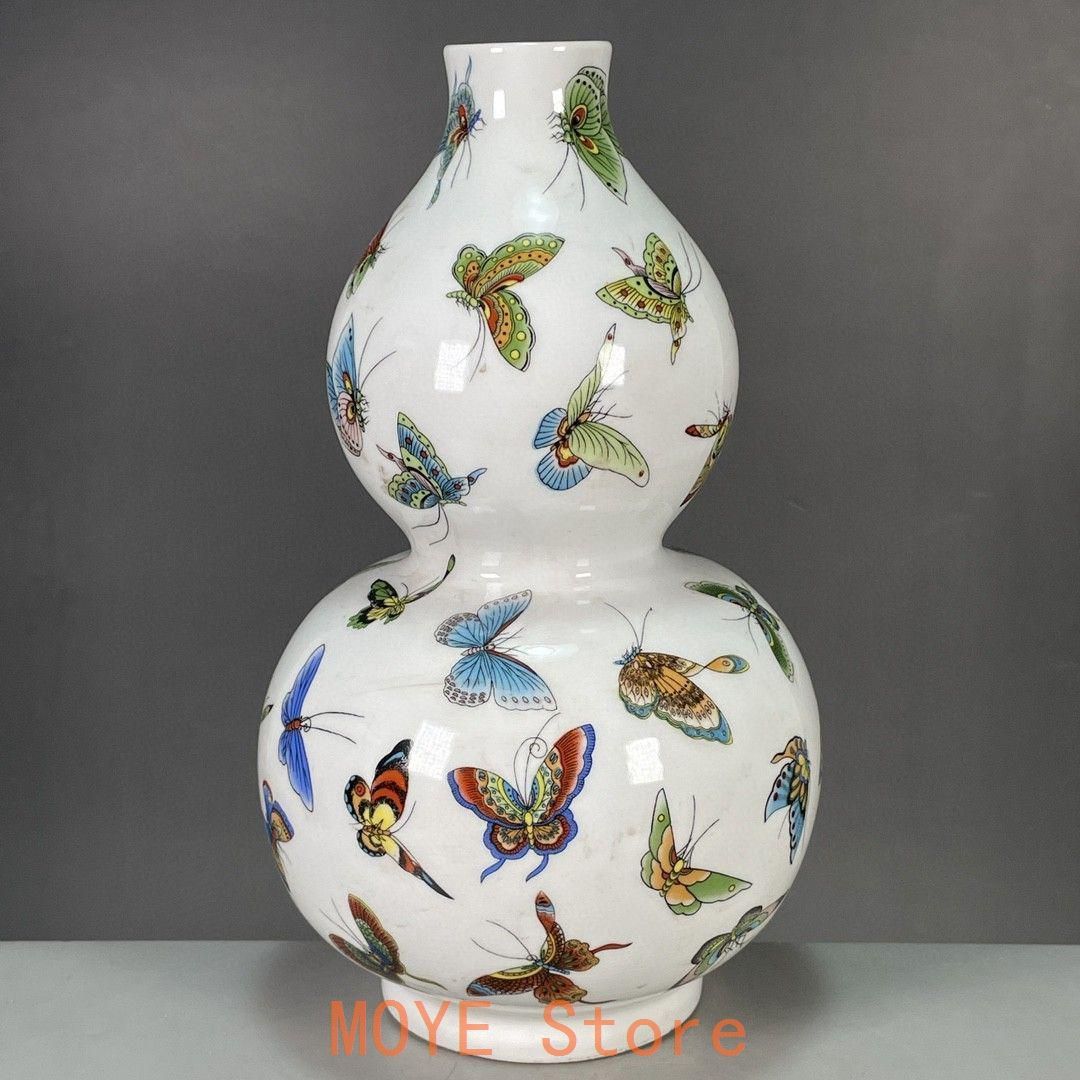 清乾隆帝白地に蝶の紋ひょうたん瓶 景徳鎮 陶磁器 装飾品 工芸品美術品
