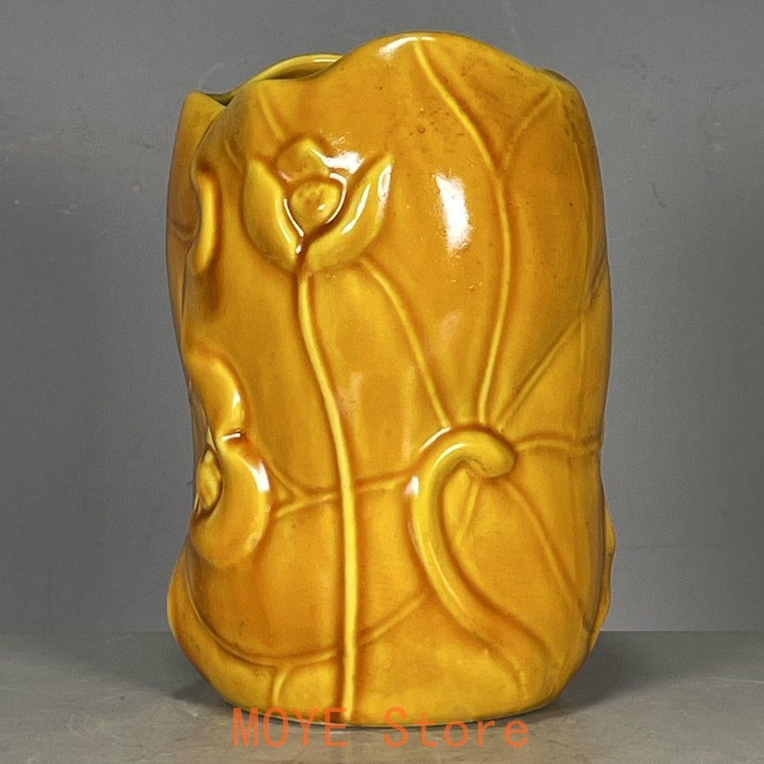 黄釉 蓮葉型 筆箱 筆筒 筆置き 筆入 文房具 美術品 工芸品 置物 美術品・アンティーク・コレクション 黄釉 蓮葉型 筆箱 筆筒 筆置き 筆
