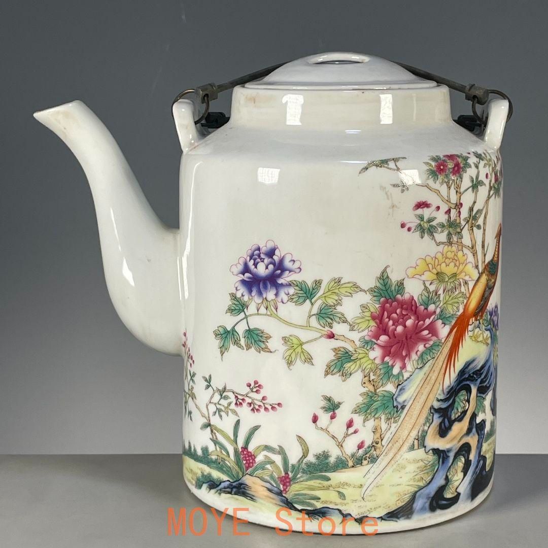 粉彩富貴吉祥図提梁壺 茶壺 茶道具 景徳鎮 陶磁器 装飾品 工芸品美術品