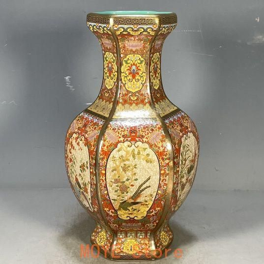 清乾隆琺瑯彩花鳥図紋六稜賞瓶 景徳鎮 陶磁器 装飾品 工芸品 美術品