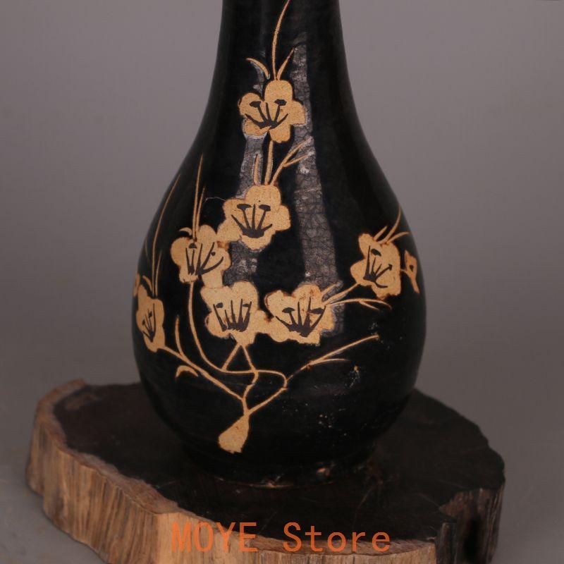 宋吉州窯黒釉彫花蒜頭瓶 景徳鎮 陶磁器 装飾品 工芸品 美術品 置物