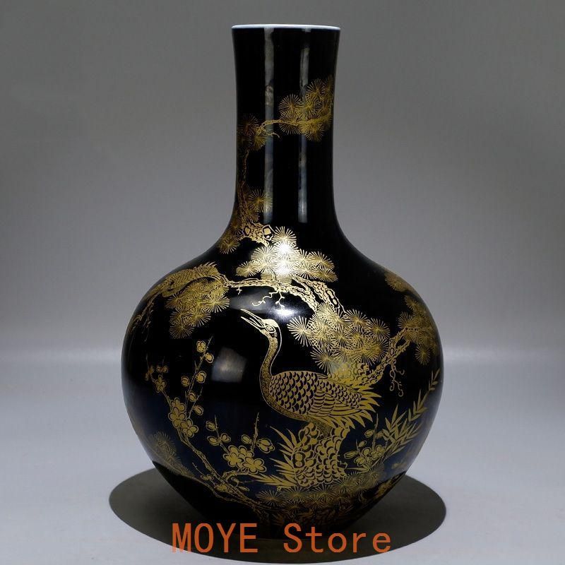 清康熙烏金釉本金手描き松鶴延年天球瓶 景徳鎮 陶磁器 装飾品現代工芸