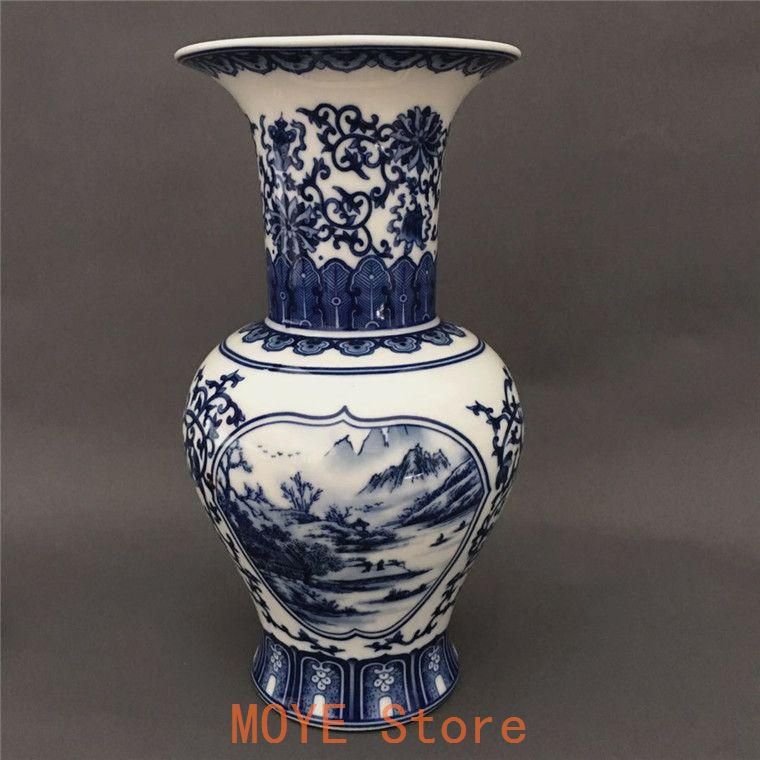 清三代鯖山水図花觚 景徳鎮 陶磁器 書斎の 装飾品 工芸品 美術品 置物