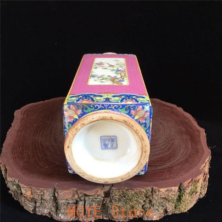 旧蔵　清国　乾隆年 粉彩 花瓶 置物　インテリア 乾隆粉彩花鳥四方円口花瓶 景徳鎮 陶磁器 装飾品 工芸品 美術品 置物