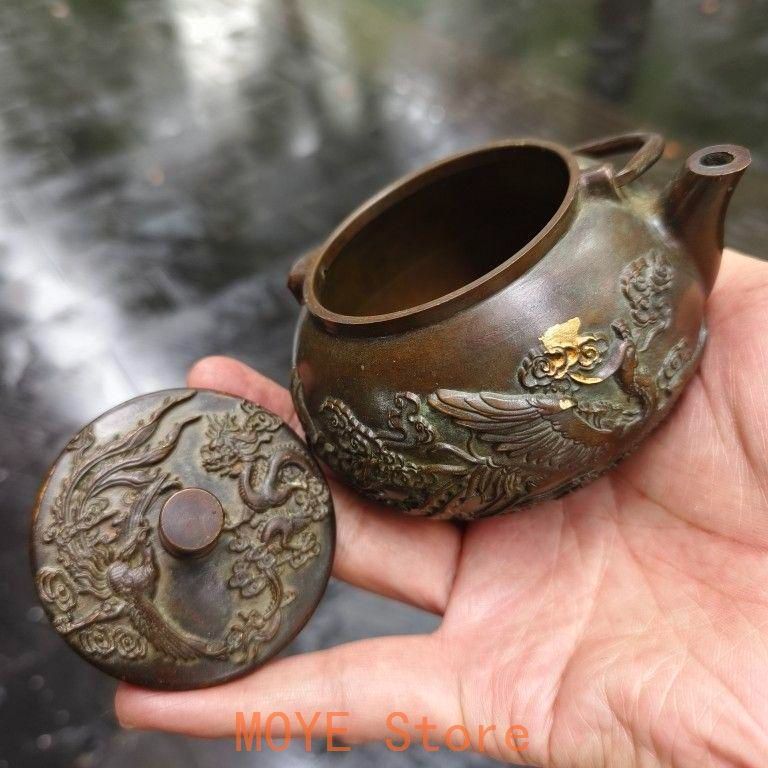 銅製 龍鳳提梁茶壺 茶道具 煎茶道具 浮き彫り 工芸品 美術品 置物