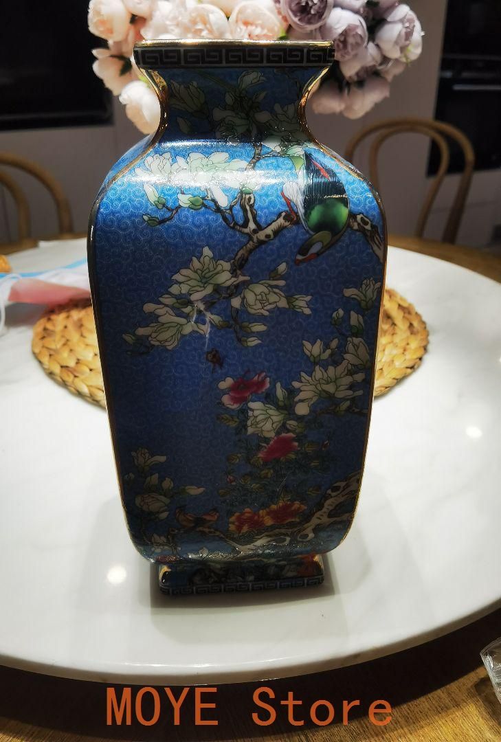 パステル琺瑯彩花鳥蒔絵藍釉四方花瓶 景徳鎮 陶磁器 装飾品 工芸品