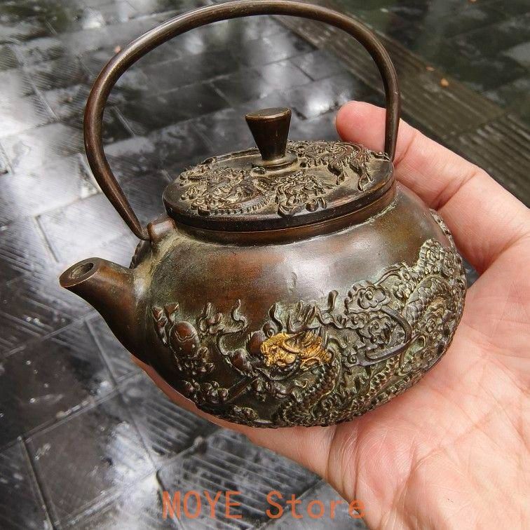 銅製 龍鳳提梁茶壺 茶道具 煎茶道具 浮き彫り 工芸品 美術品 置物