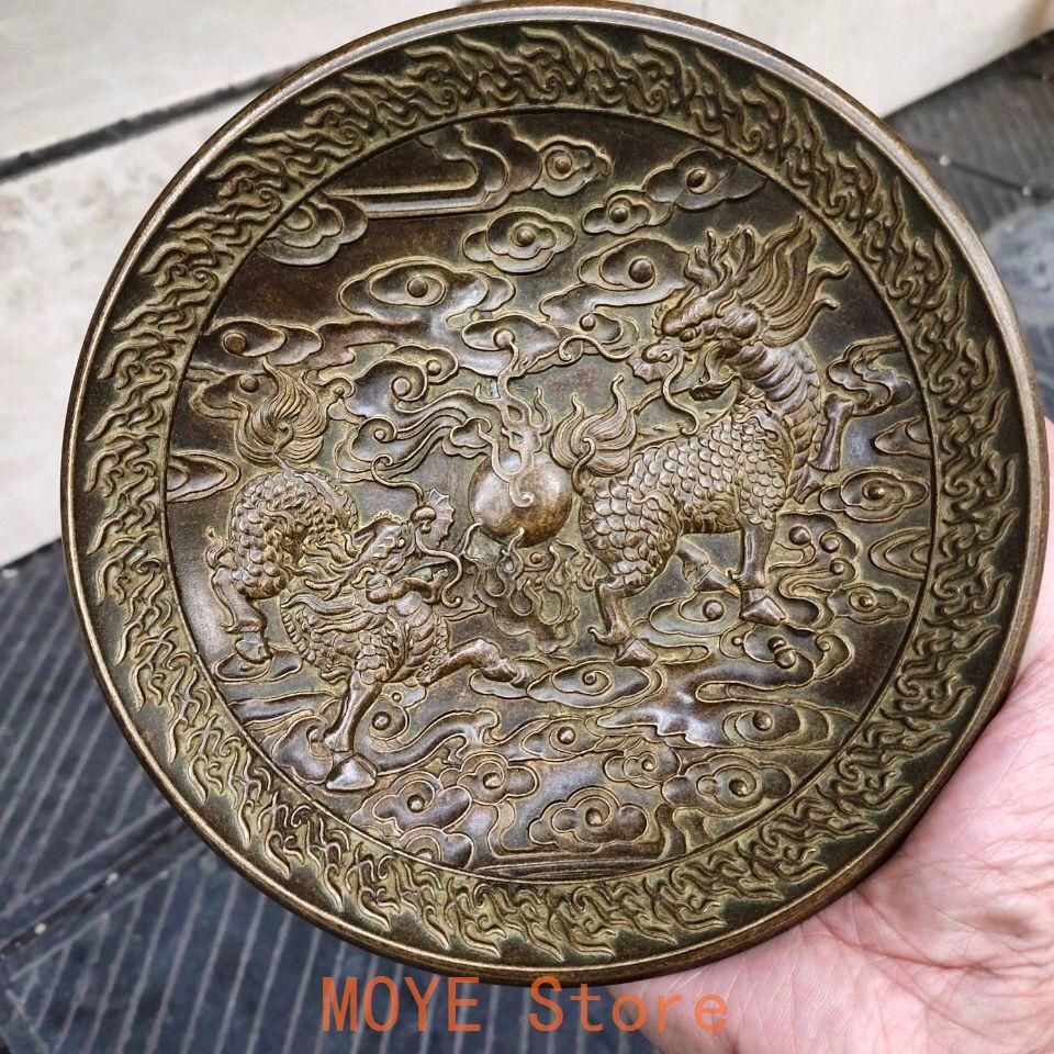 重工 彫刻 祥雲瑞獣 麒麟 大銅盤 銅製品 鎮宅辟邪 開運風水 招財 置物