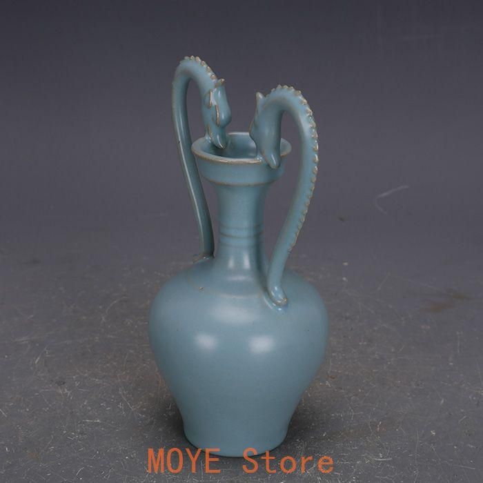 中国古美術 珍品旧蔵 宋代汝窯 青色陶器 金龍装飾 繊細刻印 細長口花瓶 陶磁 官窯青磁長頸瓶 Vase】中国-南宋時代‐龍泉窯