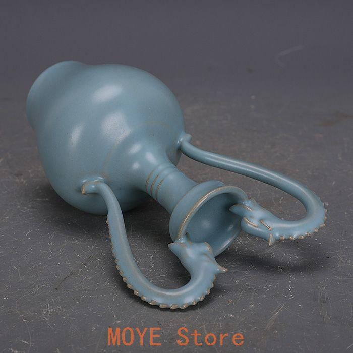 宋汝窯手製青釉支釘双龍尊瓶 景徳鎮 陶磁器 装飾品 現代工芸品 美術品