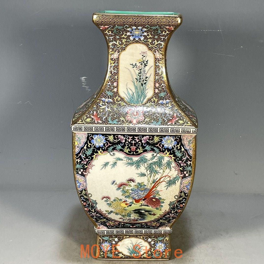 清乾隆琺瑯彩花鳥図紋四方賞瓶 景徳鎮 陶磁器 装飾品 工芸品 美術品