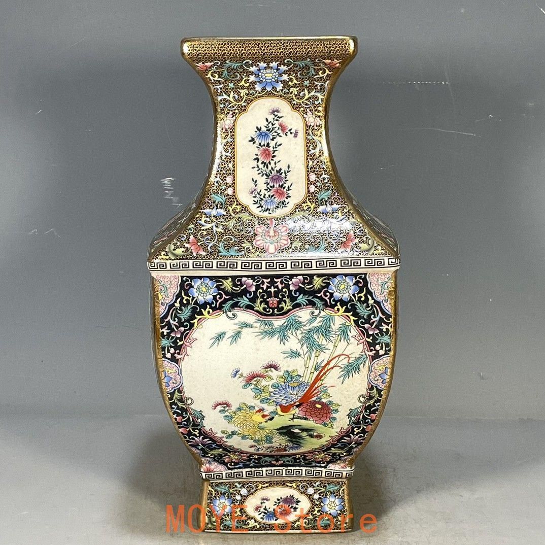 清乾隆琺瑯彩花鳥図紋四方賞瓶 景徳鎮 陶磁器 装飾品 工芸品 美術品