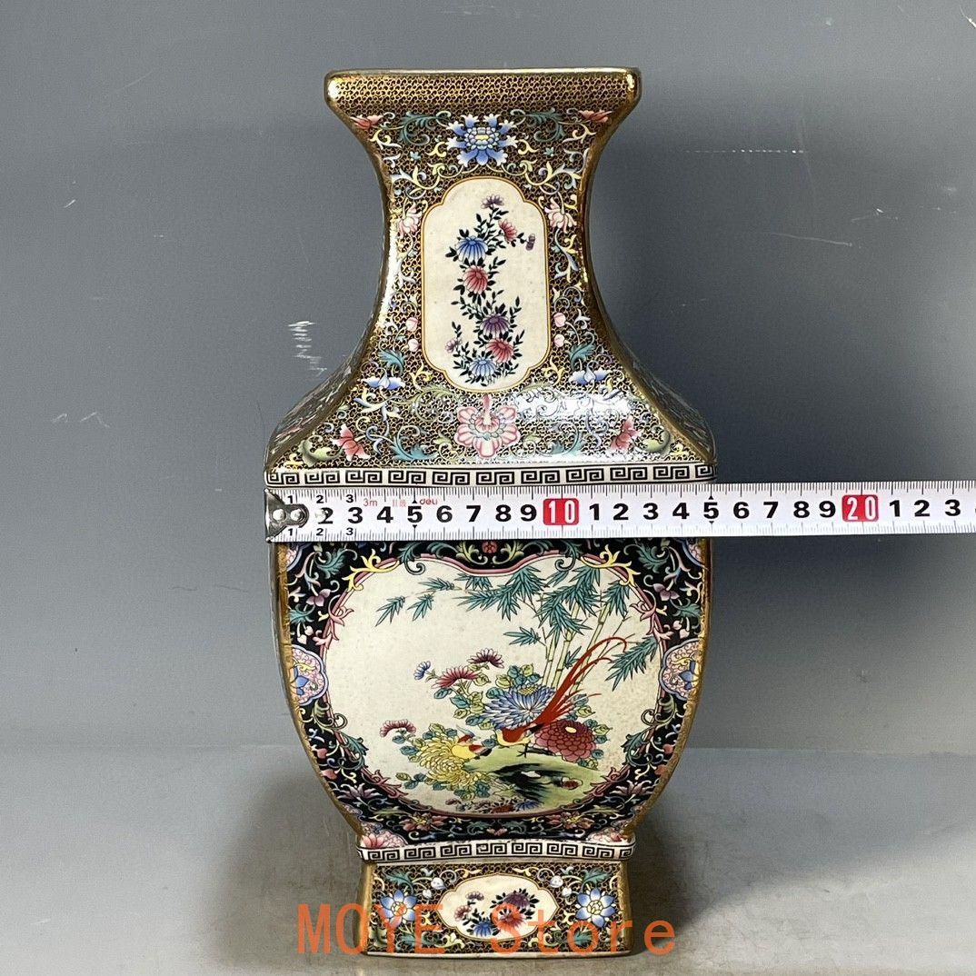 清乾隆琺瑯彩花鳥図紋四方賞瓶 景徳鎮 陶磁器 装飾品 工芸品 美術品