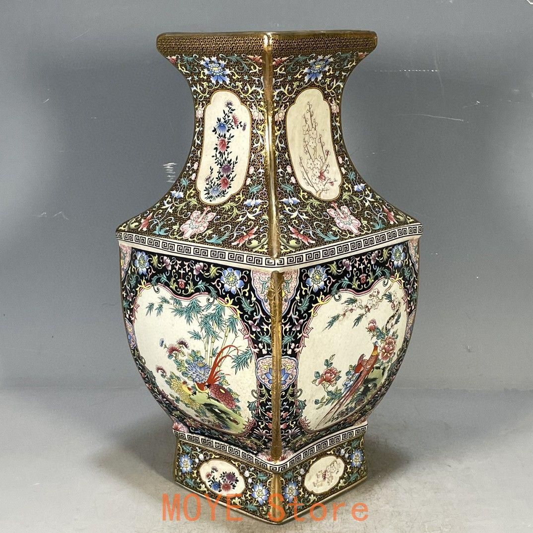 清乾隆琺瑯彩花鳥図紋四方賞瓶 景徳鎮 陶磁器 装飾品 工芸品 美術品