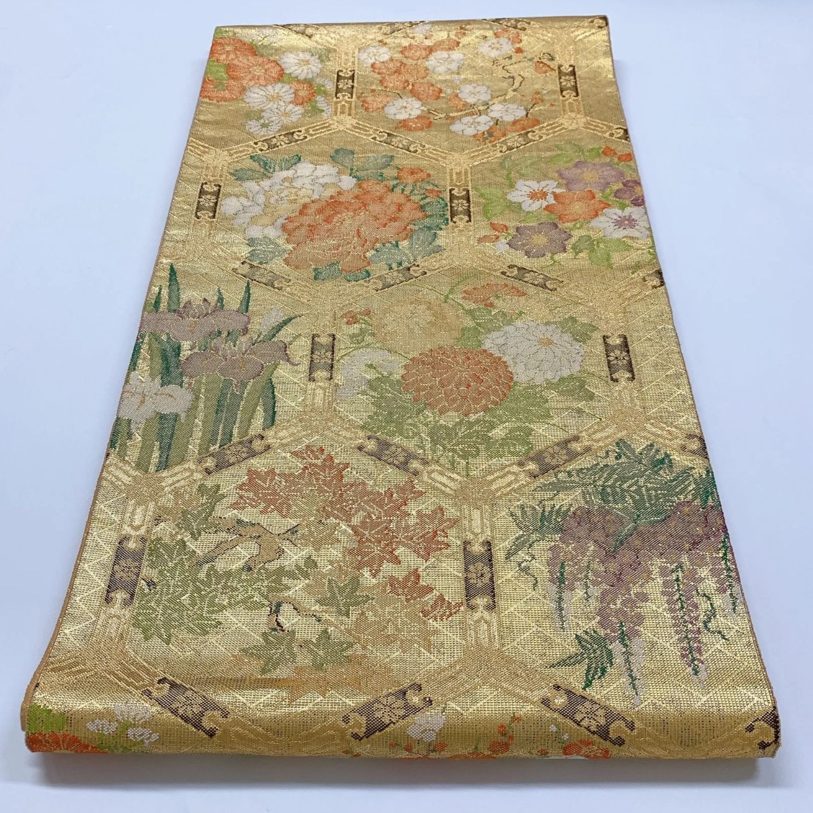 208y63◇袋帯 六通 雪輪 鹿の子 亀甲文 小花 ◇美品 成人式 結婚式 6316］袋帯 草花亀甲文様 金彩 六通 正絹 着物 フォーマル 金 - メルカリ