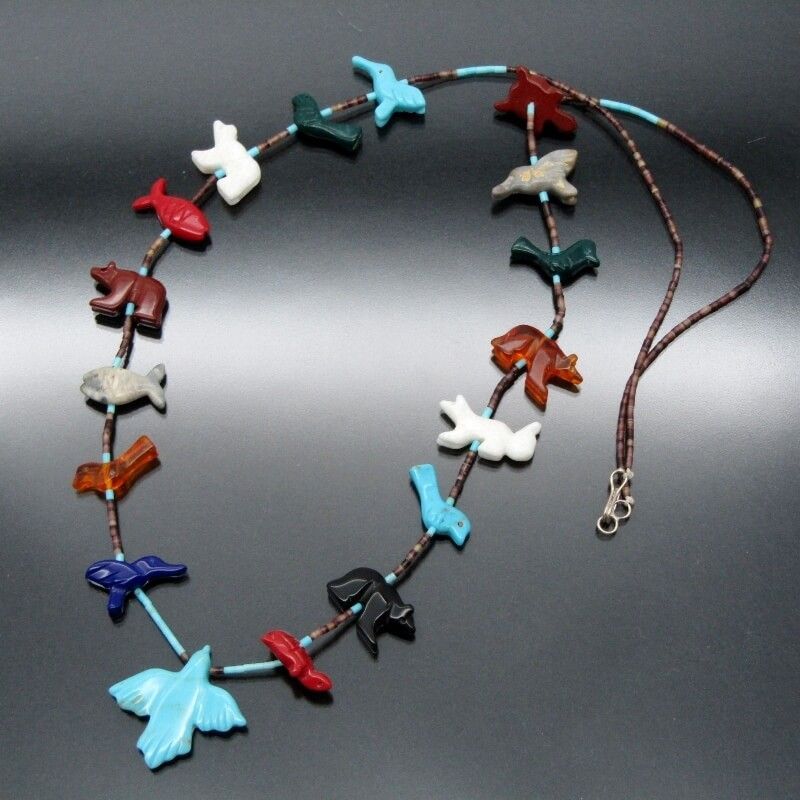 Zuni ズニ族 ネックレス フェティッシュ 71cm マルチカラー 水鳥 熊 亀