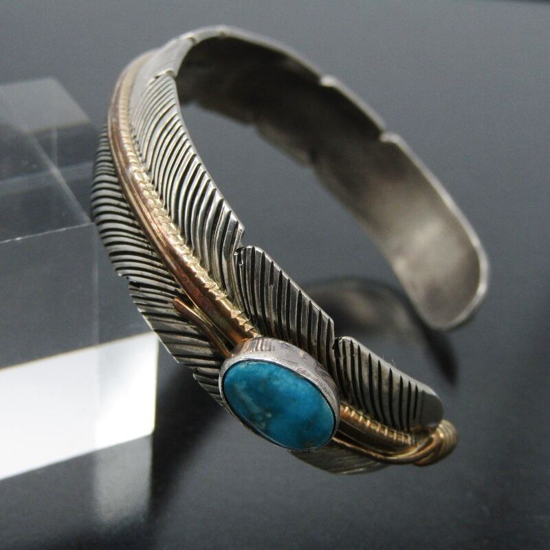 美品 Harvey Mace ナバホ族 バングル フェザー ターコイズ 12KGF 12.7