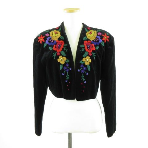 【中古】ビブロス byblos ヴィンテージ ノーカラーベロアジャケット 長袖 花柄刺繍 黒 42 *A797 レディース ビブロス byblos ヴィンテージ ノーカラーベロアジャケット 長袖 花柄