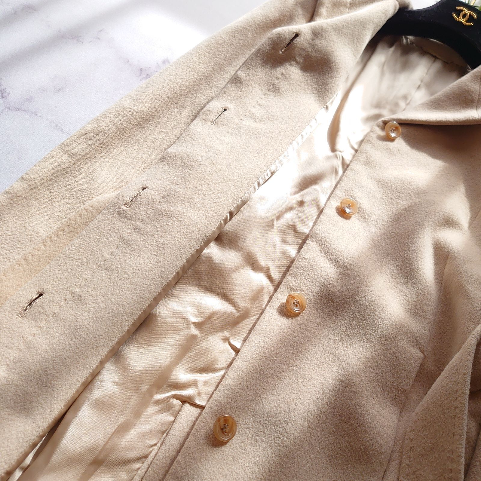 アルティジャーノ ブラウン アンゴラロングコート ベルト付き 比翼