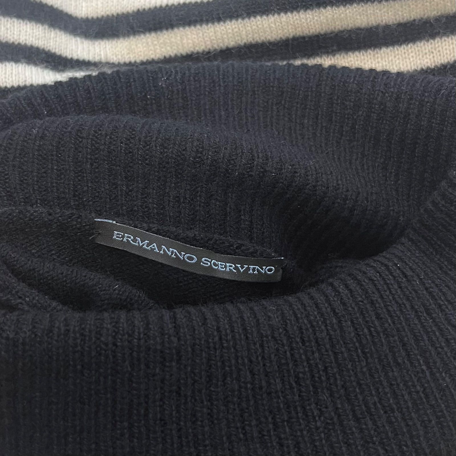 ERMANNO SCERVINO エルマンノシェルヴィーノ レース刺繡 タートルネック ボーダー ノースリーブ カシミヤ100% ウォッシャブル ニット レディース トップス ブラック