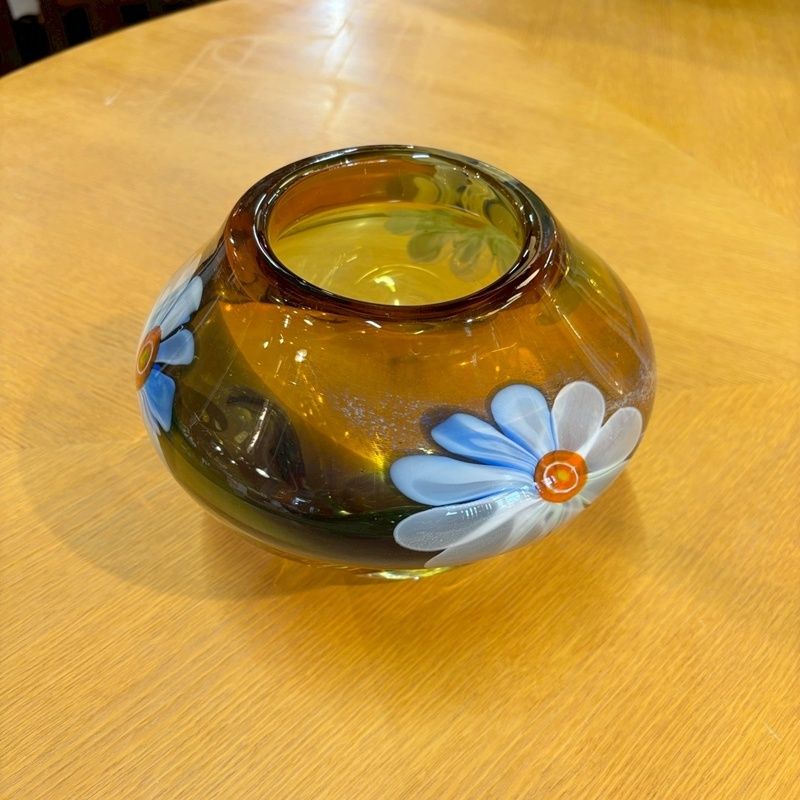 ガラス製 フラワーベース 高さ18cm 花瓶 花器 壺 つぼ アンバー 琥珀色