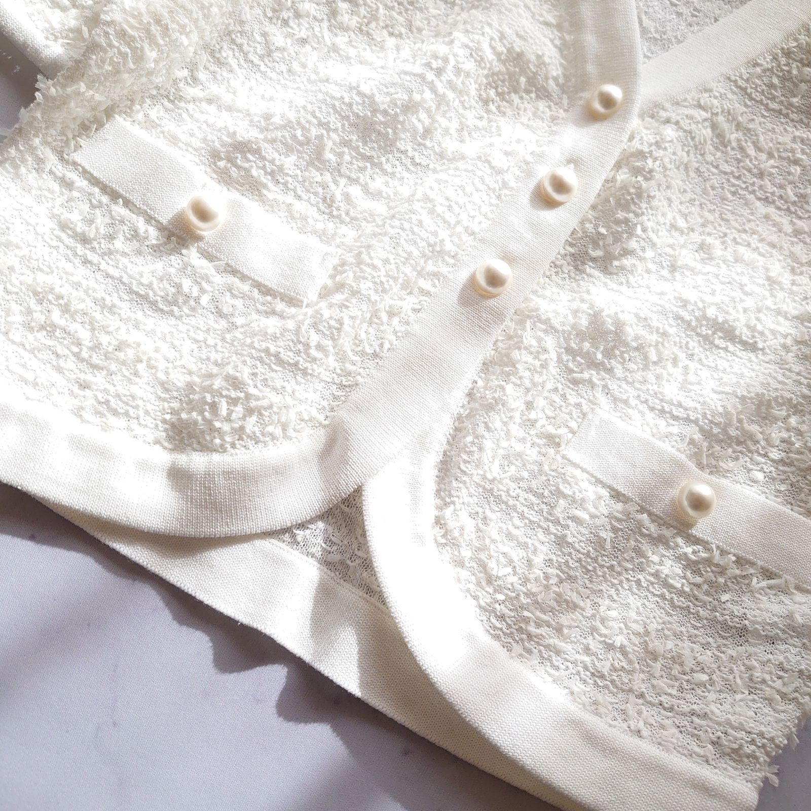 22SS ルネ パールボタン ツイード 半袖カーディガン ボレロ 白 34 S