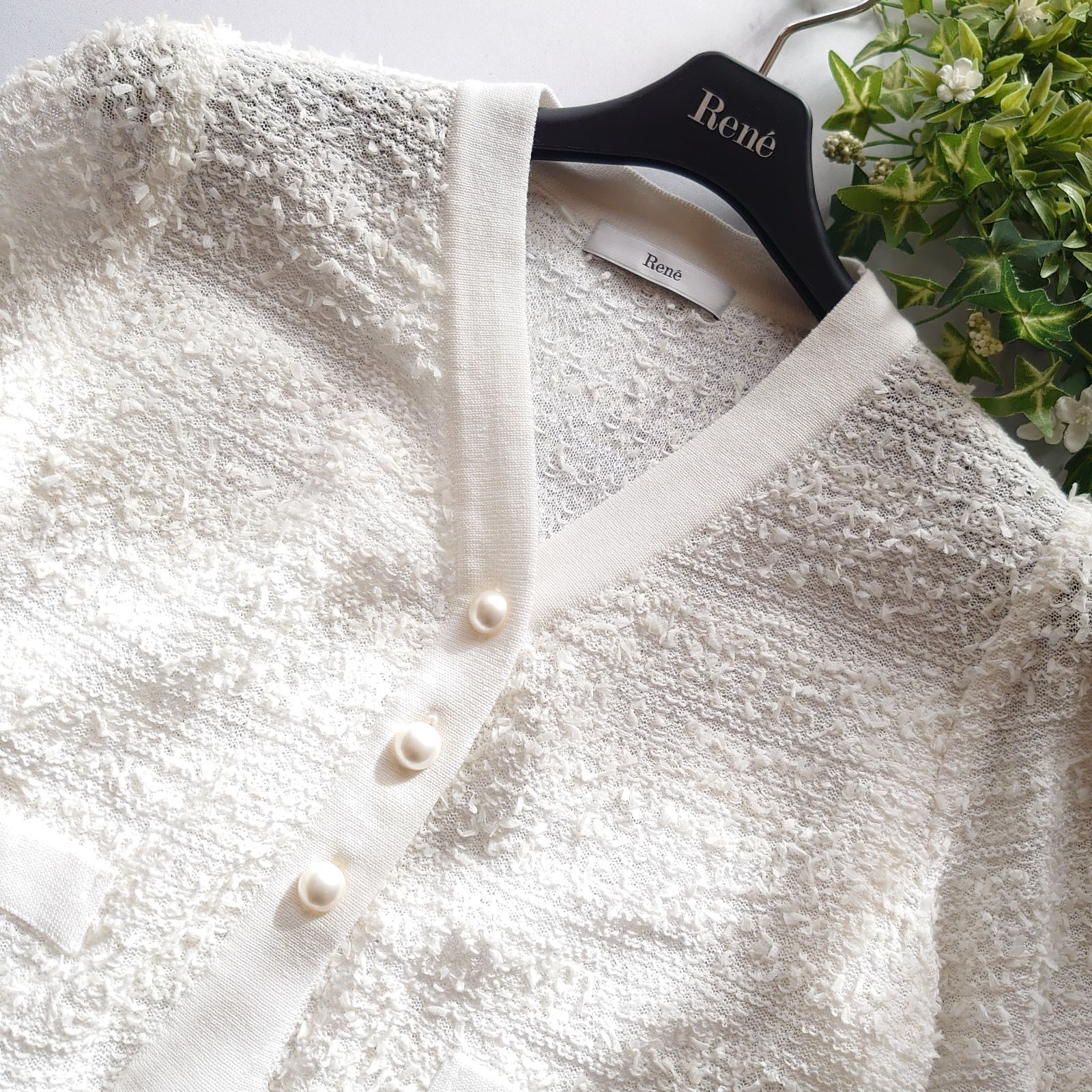 22SS ルネ パールボタン ツイード 半袖カーディガン ボレロ 白 34 S