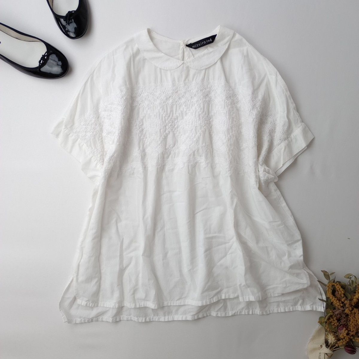 ◯ mizuiroind ミズイロインド 丸襟 刺繍 ブラウス コットン 綿 100