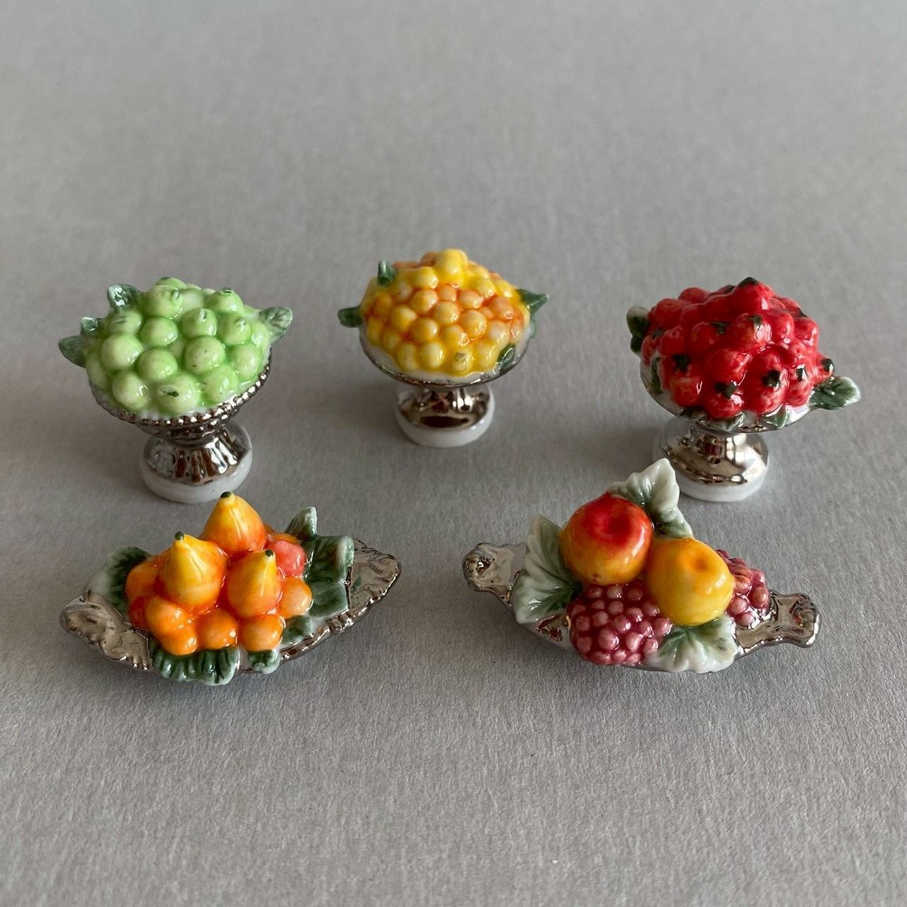フルーツ盛りのフェーブ5点セット②／果物／銀彩／フランス雑貨／陶器