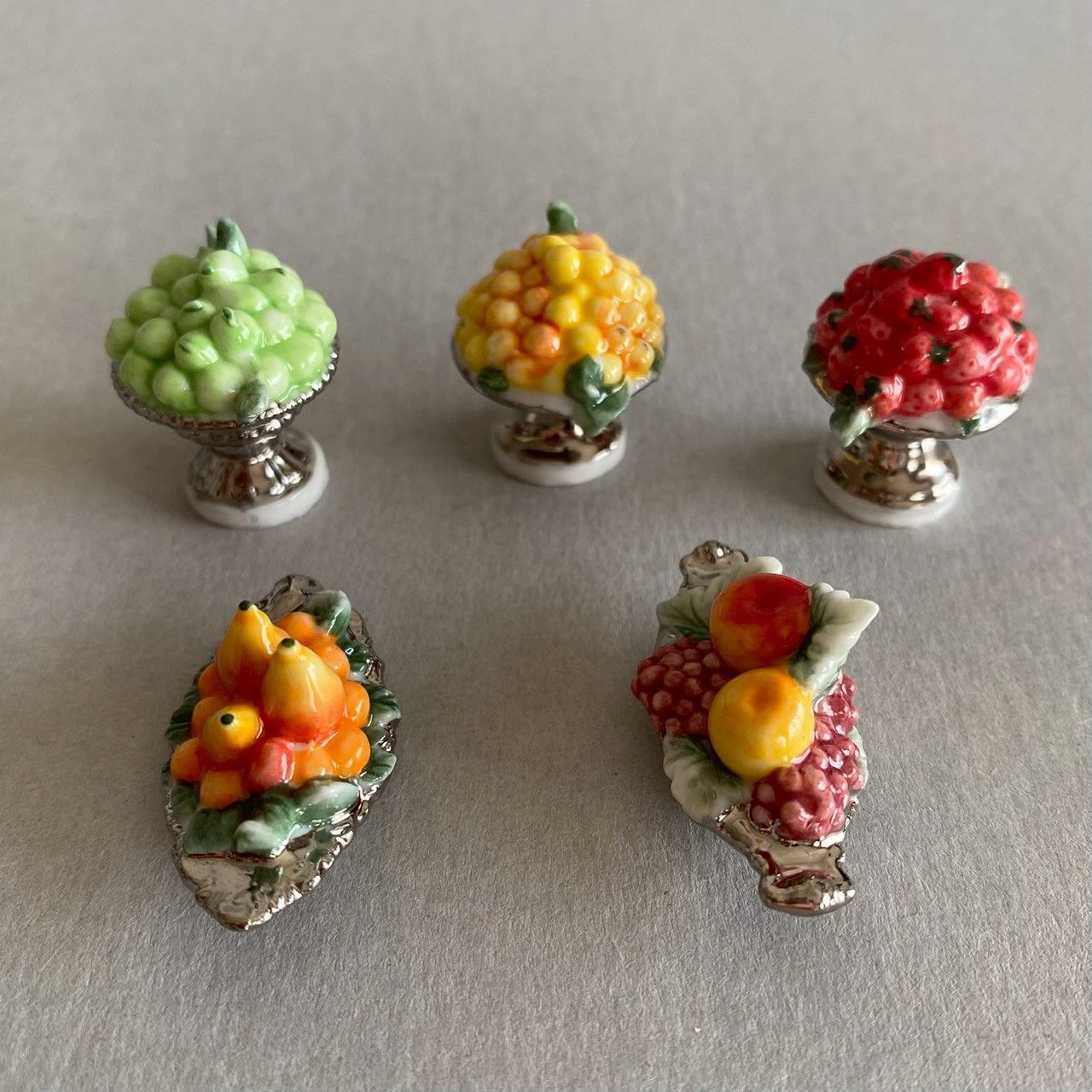 フルーツ盛りのフェーブ5点セット②／果物／銀彩／フランス雑貨／陶器