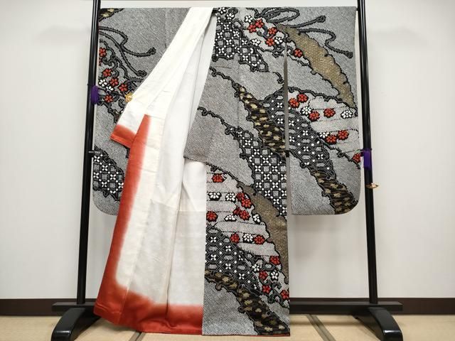 平和屋着物●極上　振袖　絞り　雪輪重ね花文　黒地　金彩　逸品　CYAA4020s6 平和屋着物○極上 振袖 絞り 雪輪重ね花文 黒地 金彩 逸品 CYAA4020s6