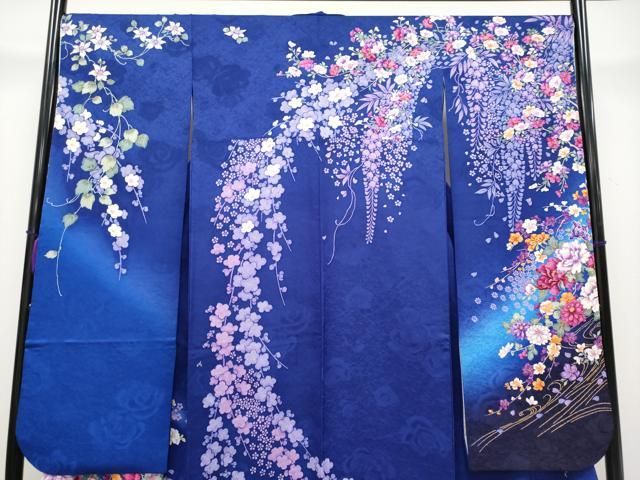 平和屋着物●極上　森英恵・HANAE MORI　振袖　駒刺繍　草花文　暈し染め　金彩　鉄紺色地　逸品　CYAA4021s6 平和屋着物○極上 森英恵・HANAE MORI 振袖 駒刺繍 草花文 暈し染め